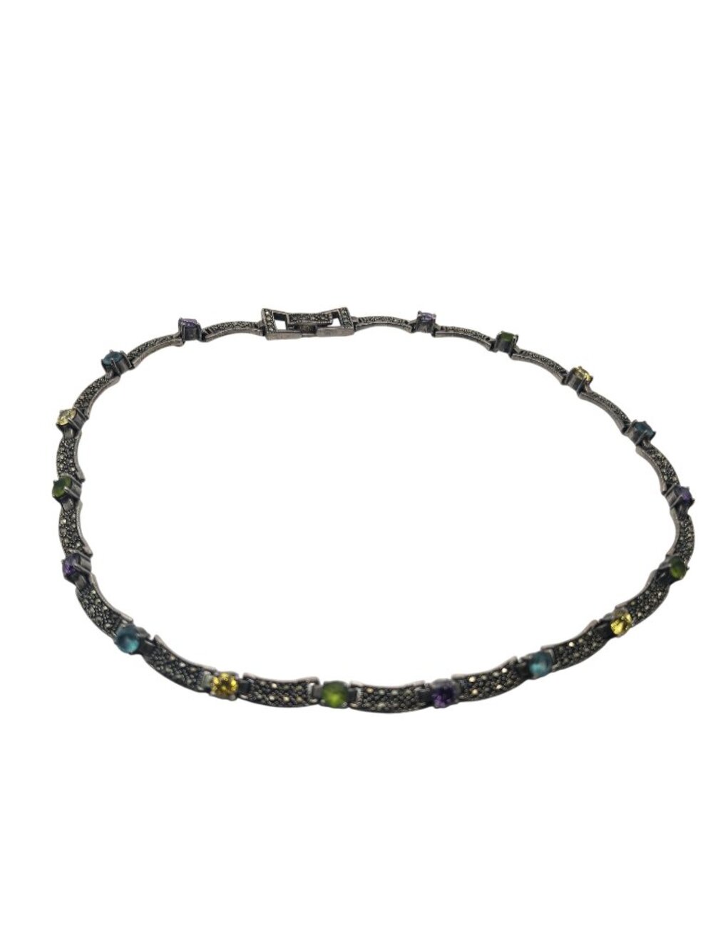 Vintage 92 Sterling Silver Necklace Marcasite Multi-Colored Gemstones